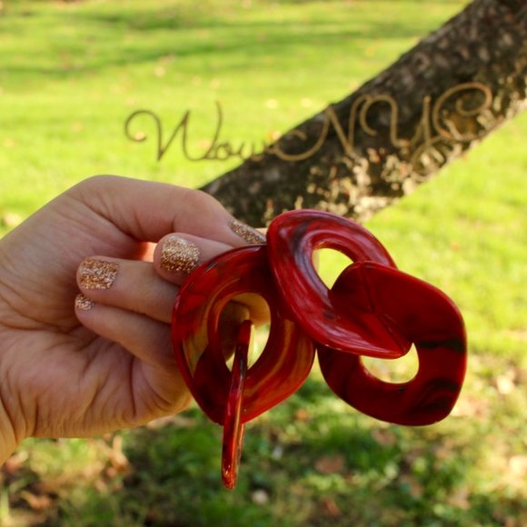 New Red Tortoise Layered Big Circle Chain Earrings - Picture 6 of 12